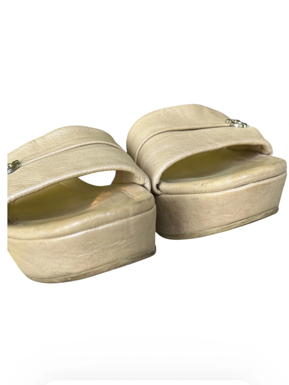 Salvatore  Ferragamo Champagne Metallic Leather Gancini Wedge Slide 7.5